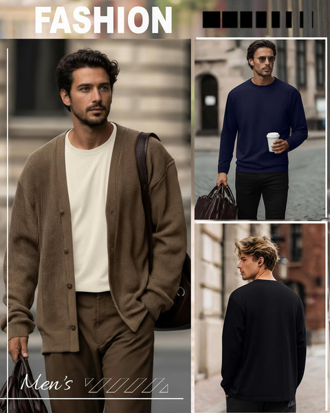 Ficerd 5 Pack Mens Big and Tall Shirts Cotton Long Sleeve Top Loose Casual Basic Shirts Crewneck Oversize Multipack Tee(Coffee, Cream, Khaki, Navy Blue, Black,3X-Large)