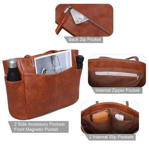 monrich Large Tote Bag for Women Work Vegan Leather 23L Womens Tote Purse with Zipper Ladies Handbags Brown