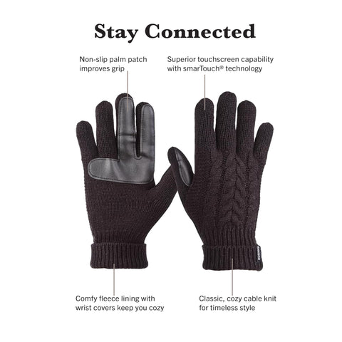isotoner Women's Cable Knit Gloves with Touchscreen Palm Patches, Black, One Size isotoner