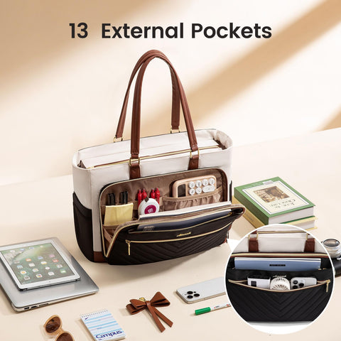 LOVEVOOK Teacher Tote Bag for Women, Work Bags Laptop Bag with Large Cup Holder, Quilted Nurse Bag Diaper Tote with Multi-Pockets, Large Computer Handbag Purse for Bussiness Travel, Office, College