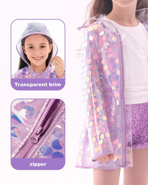 WELAKEN Girls Sequin Raincoat Waterproof Reusable Hooded Outwear Rain Jacket with Lining,purple,8Y