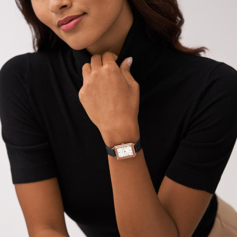Fossil Women's Raquel Quartz Stainless Steel and Leather Three-Hand Watch, Color: Rose Gold, Black (Model: ES5310) Fossil