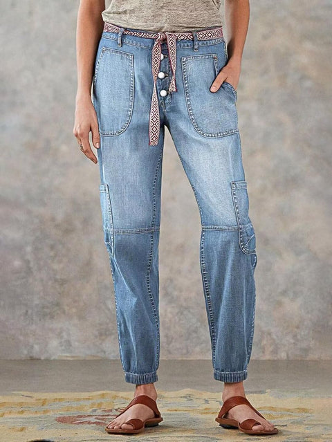 Flamingals Straight Leg Button Fly Jeans for Women Multi Pocket Mid Rise Jeans Without Belt Denim Pants Light Blue M