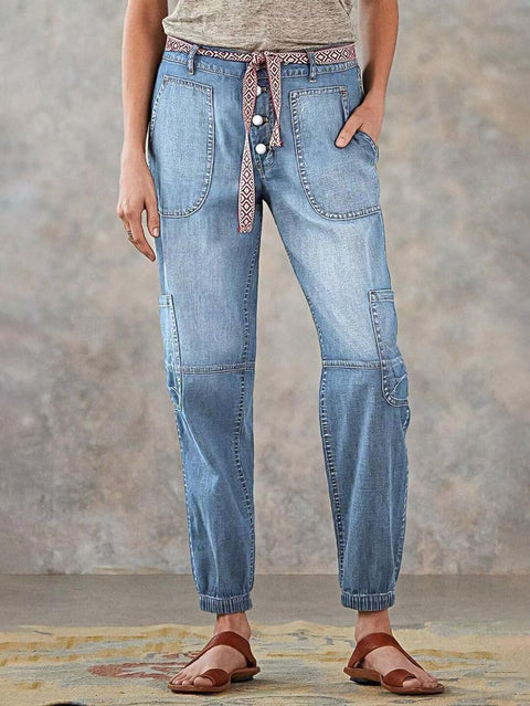 Flamingals Straight Leg Button Fly Jeans for Women Multi Pocket Mid Rise Jeans Without Belt Denim Pants Light Blue M