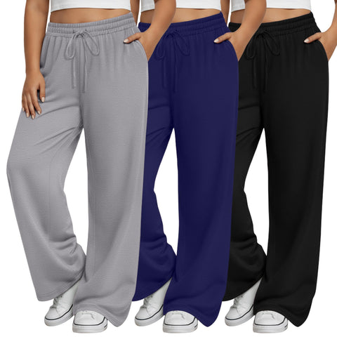 Neer 3 Pack Women's Plus Size Sweatpants Wide Leg High Waist Drawstring Yoga Lounge Joggers Open Bottom Pants with Pockets(Black, Navy Blue, Light Gray,XX-Large)