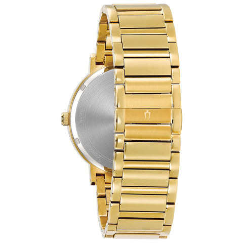 Bulova Men's Modern Gold Tone Stainless Steel 3-Hand Calendar Date Quartz Watch, Black Dial with Diamonds Style: 97D115 Bulova
