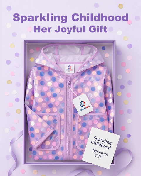 WELAKEN Girls Sequin Raincoat Waterproof Reusable Hooded Outwear Rain Jacket with Lining,purple,8Y