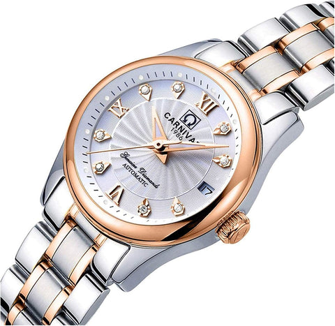 Gosasa Automatic Watch Fashion Women's Analog Watches Stainless Steel Link Waterproof Ladies Luxury Dress Watch (White) Gosasa