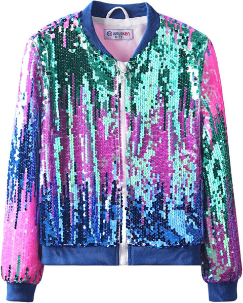 Ombre Sequin Bomber Jacket for Girls II Kid & Toddler Lightweight Sparkle Long Sleeve Zipper Gradient Jackets with Pockets