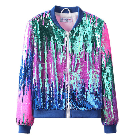Ombre Sequin Bomber Jacket for Girls II Kid & Toddler Lightweight Sparkle Long Sleeve Zipper Gradient Jackets with Pockets