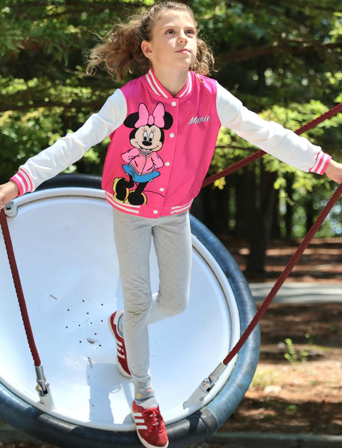 Disney Minnie Mouse Toddler Girls Varsity Bomber Letterman Baseball Jacket Letter Print Lightweight Sweatshirt Button up Clothes Color Block Coat 4-5T