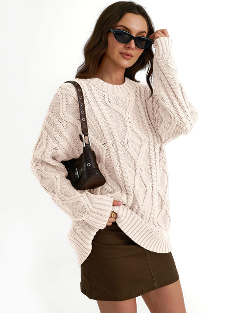 Trendy Queen Oversized Sweaters Womens 2025 Early Fall Fashion Outfits Cable Knit Crewneck Plus Size Pullover Cute Chunky Long Tunic Top Winter Old Money Clothes With Leggings Essential Clothing