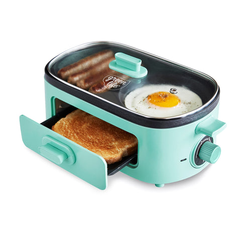 GreenLife 3-in-1 Breakfast Station, Ceramic Nonstick PFAS-Free Dual Griddles for Eggs Meat Pancakes & Sandwiches + 2-Slice Toast Drawer, Healthy Cooking, Timer, Versatile Morning Meal Maker, Turquoise GreenLife