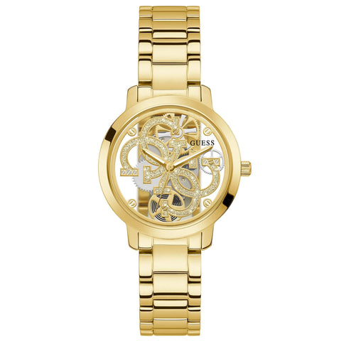 GUESS Ladies Trend Clear 36mm Watch – Glitz Dial with Gold-Tone Stainless Steel Case & Bracelet GUESS