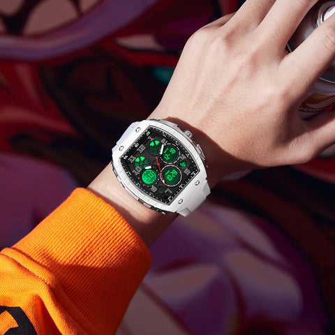 Watches for Men Unique Rectangle Relojes para Hombres White Wristwatch with Digital Analog Dual Time Display Countdown Stopwatch Punk Cool Design 5ATM Waterproof