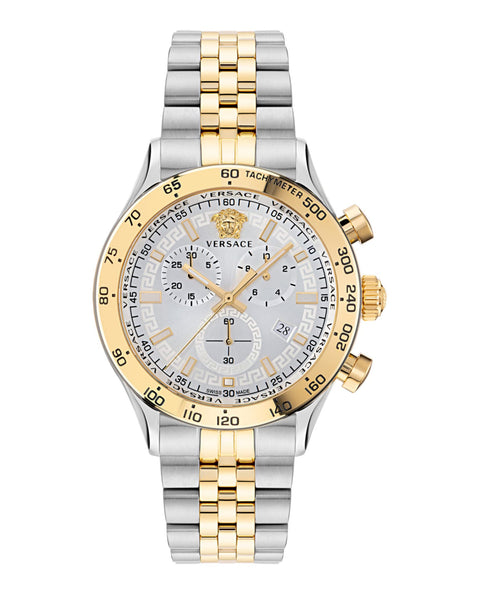 Versace Hellenyium Collection Luxury Mens Watch Timepiece with a Two Tone Bracelet Featuring a Two Tone Case and Silver Dial Versace