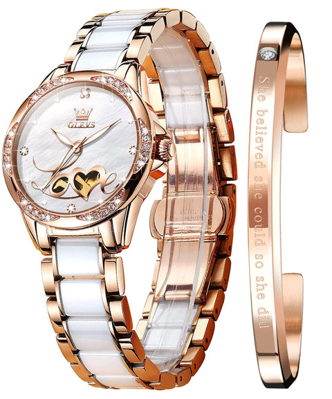 OLEVS Automatic Watches for Women Rose Gold Fashion Diamond Dress Ladies Wrist Watch Self Winding Mechanical Two Tone Ceramic Band Waterproof Luminous Gift Set OLEVS