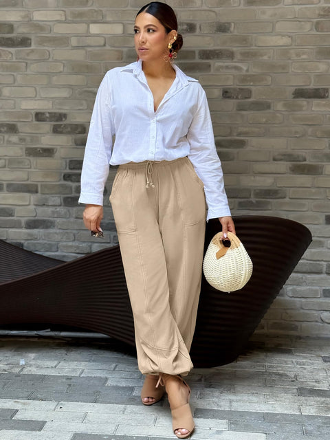 ZAFUL Women Linen Pants Drawstring Elastic Waisted Casual Palazzo Harem Pants Lounge Beach Summer Pants with Pockets 2025 Travel Vacation Outfits Apricot L