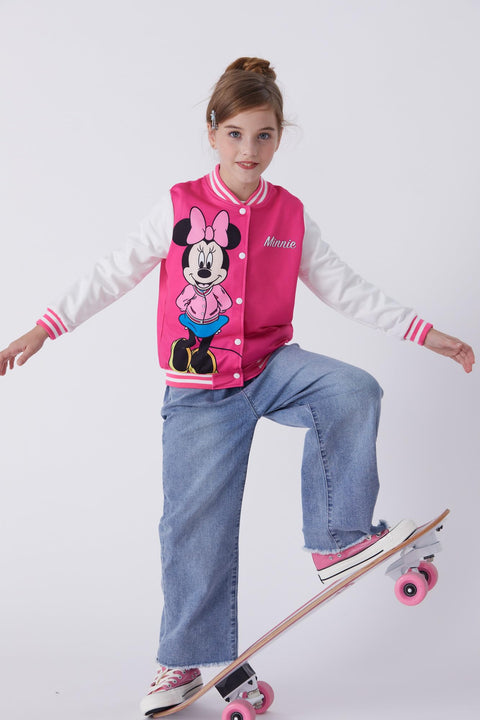 Disney Minnie Mouse Toddler Girls Varsity Bomber Letterman Baseball Jacket Letter Print Lightweight Sweatshirt Button up Clothes Color Block Coat 4-5T