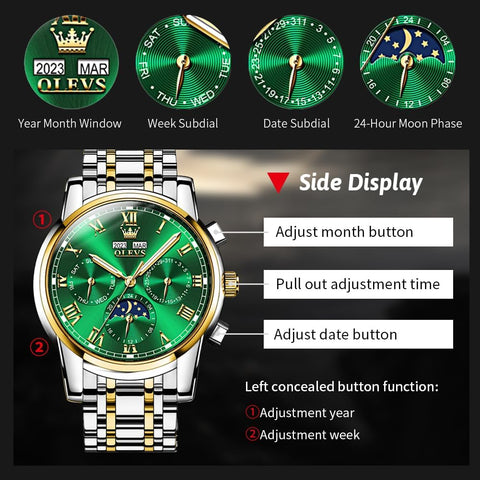 OLEVS Green Mens Automatic Watch Mechanical Self Winding Luxury Business Dress Moon Phase Stainless Steel Calendar Wrist Watches for Men Waterproof Luminous OLEVS