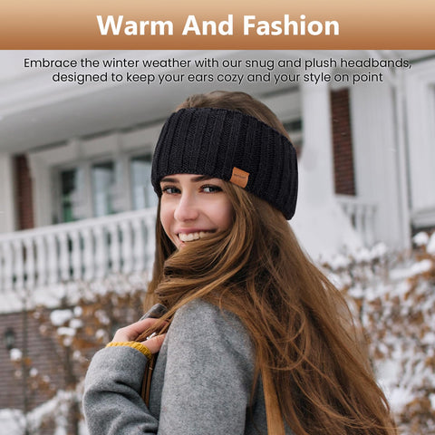 MUTKIS Winter Headbands for Women 3 Pack, Ear Warmers for Women Headband Wool Knit Thick Fleece Lined, Cold Weather Warm Ear Muffs(Black&Beige&Dark Gray) MUTKIS