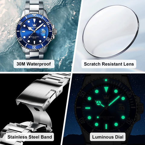 OLEVS Mens Silver Tone Watch Big Face Stainless Steel Band Blue Dial Round Dress Watches for Men Easy to Read Calendar Date Sport Analog Quartz Man Wristwatch Waterproof Luminous Reloj para Hombre