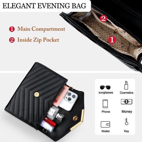 KKXIU Women Formal Vegan Leather Evening Envelope Clutch Purses and Handbags for Party Wedding Prom Bridal (A-Black) KKXIU