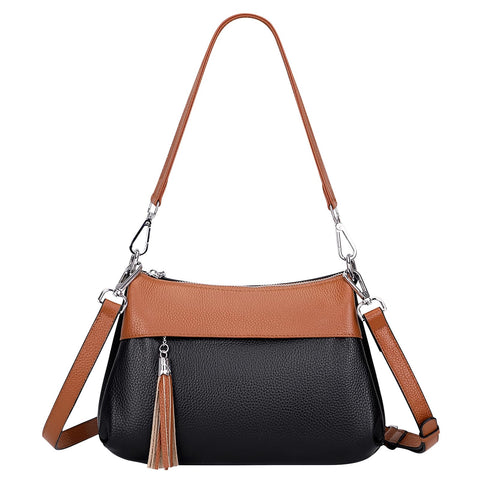 Over Earth Leather Handbags for Women Small Hobo Shoulder Bag Ladies Crossbody Purse(O111-2E Black/Brown) Over Earth