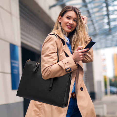 Keyli Laptop Tote Bag for Women Christmas Gifts Waterproof Leather Work Briefcase with Built-in USB Charging Port Computer Shoulder Bags Fits 15.6 Inch, Business Handbag Purse 4pcs Set Black Keyli