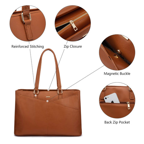 Laptop Tote Bag for Women 15.6 Inch Waterproof Leather Computer Bags Women Business Office Work Bag Briefcase Brown LOVEVOOK