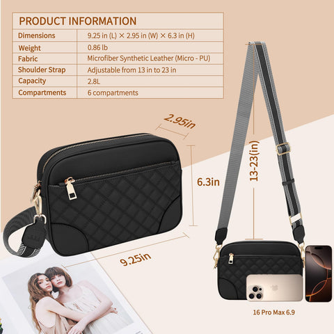 FYY Small Crossbody Bags for Women Quilted Vegan Leather Crossbody Purses for Women Travel with Adjustable Shoulder Strap Black