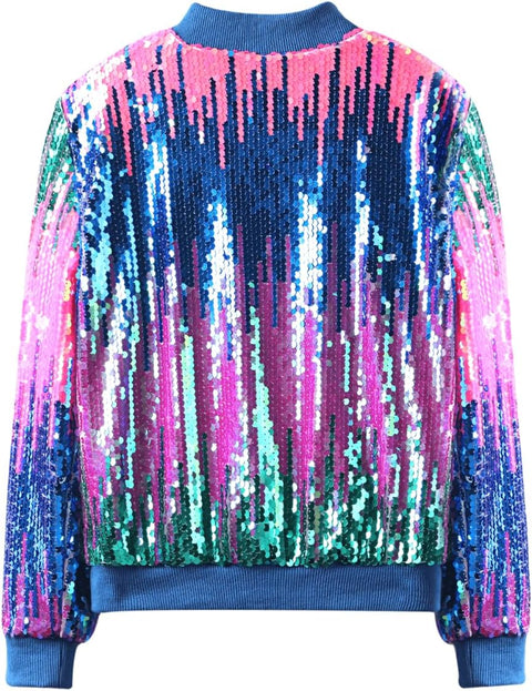 Ombre Sequin Bomber Jacket for Girls II Kid & Toddler Lightweight Sparkle Long Sleeve Zipper Gradient Jackets with Pockets
