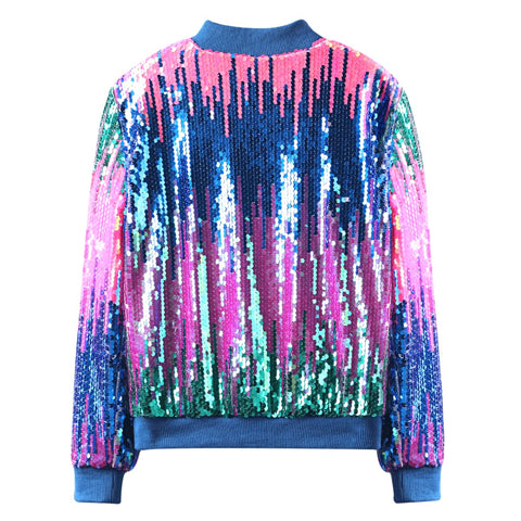 Ombre Sequin Bomber Jacket for Girls II Kid & Toddler Lightweight Sparkle Long Sleeve Zipper Gradient Jackets with Pockets