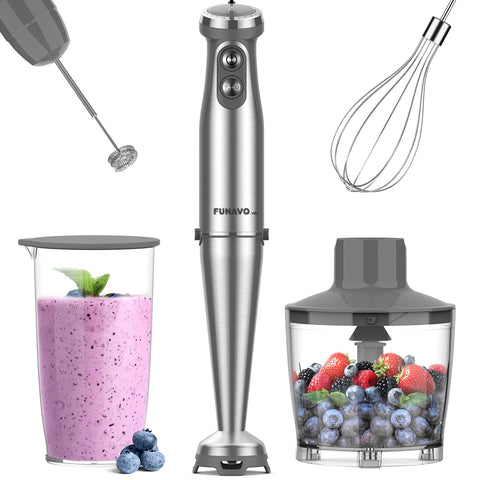 FUNAVO.vo Immersion Blender, 1000W Anti-scratch 5-in-1 Hand Blender, Upgraded 12 Speed Stainless Steel Blade Stick Blender with Turbo Mode, 20oz Beaker, 17oz Chopping Bowl, Whisk, BPA-Free FUNAVO.vo