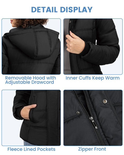 Lylting Women's Winter Down Coats, Black Short Warm Quilted Puffer Winter Jackets for Women Girl with Detachable Hood (US, Alpha, X-Large, Regular, Regular, Balck) Lylting