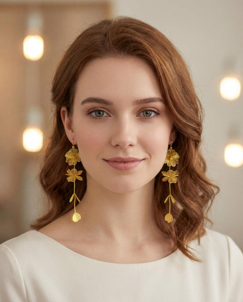 Kaleido Fashion Floral Dangle Earrings, 18K Gold Plated Hypoallergenic Earrings for Women, Elegant Design for Daily Wear, Office, Party and Gift
