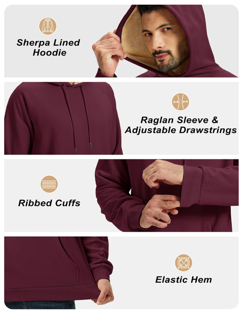 TACVASEN Fleece Lined Hoodies for Men Pullover Sherpa Sweatshirts Heavyweight Winter Thick Warm Hoodies Soft Outdoors Athletic Sweatshirt Wine Red M
