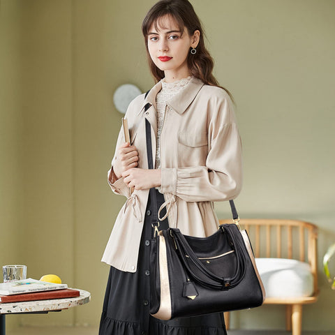 Over Earth Genuine Leather Shoulder Tote Bag for Women Soft Hobo Womens Purses and Handbags(O191E Black/Gold) Over Earth