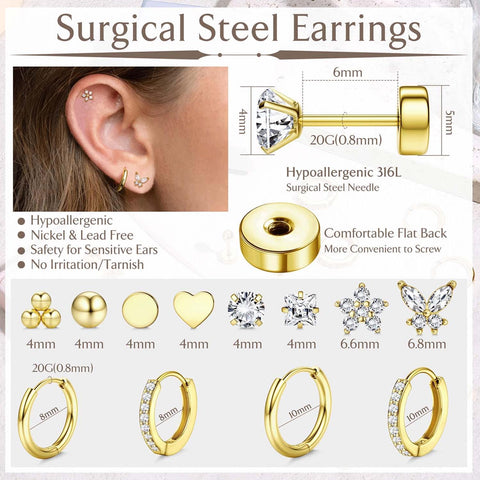 Jstyle Hypoallergenic 14K Gold Plated Flat Back Earrings for Women Men Surgical Stainless Steel Earrings for Sensitive Ears Small Stud Hoop Cartilage Earring Stack Set for Multiple Piercing Jewelry D