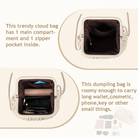 GLITZALL Clutch Purse and Dumpling Bag for Women Designer Cloud Handbag and Ruched Bag with Detachable Shoulder Strap,Soft PU Leather (Beige) GLITZALL