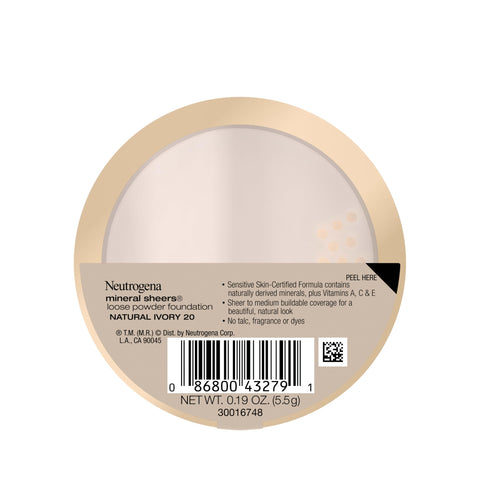 Neutrogena Mineral Sheers Loose Powder Makeup Foundation, Lightweight Face Makeup, Sheer to Medium Buildable Coverage, Sensitive Skin Foundation with Vitamins A, C, & E, Natural Ivory 20, .19 oz