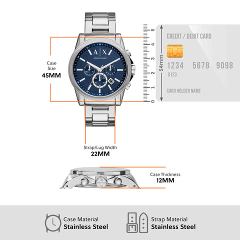 A｜X ARMANI EXCHANGE Men's Chronograph Silver-Tone Stainless Steel Bracelet Watch (Model: A|X2509) A｜X ARMANI EXCHANGE