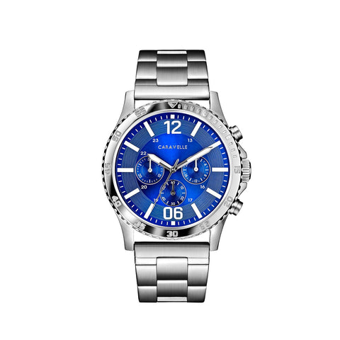 Caravelle by Bulova Men's Sport Chronograph Quartz Silver Tone Stainless Steel Watch, Blue Dial Style: 43A145 Bulova