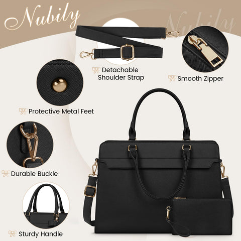 Laptop Bag for Women 15.6 inch Leather Laptop Tote Bag Large Computer Bag Waterproof Business Office Work Bag Briefcase with Satchel Purse 2pcs Set, Black NUBILY