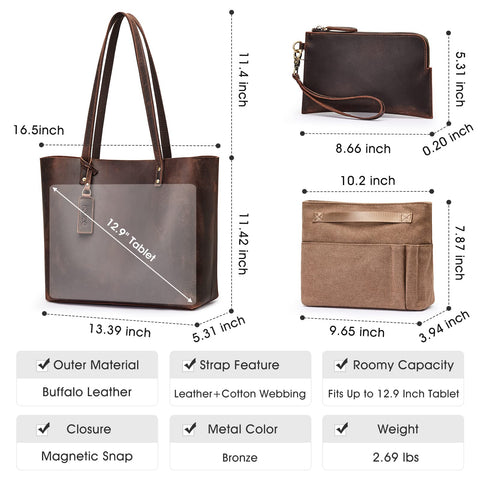 Kattee Genuine Leather Totes for Women Shoulder Bag Top Handle Satchel Purse Set 3pcs 3-in-1 Kattee