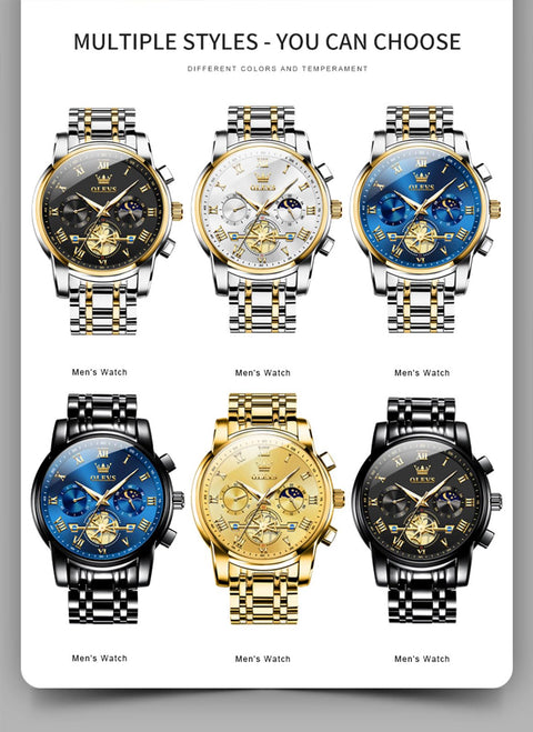 OLEVS Black Watches for Men Casual Fashion Big Face Man Watch Luxury Analog Quartz Men's Wrist Watch Elegant Waterpoof Stainless Steel Multifunction Chronograph Moon Phase Mens Watches
