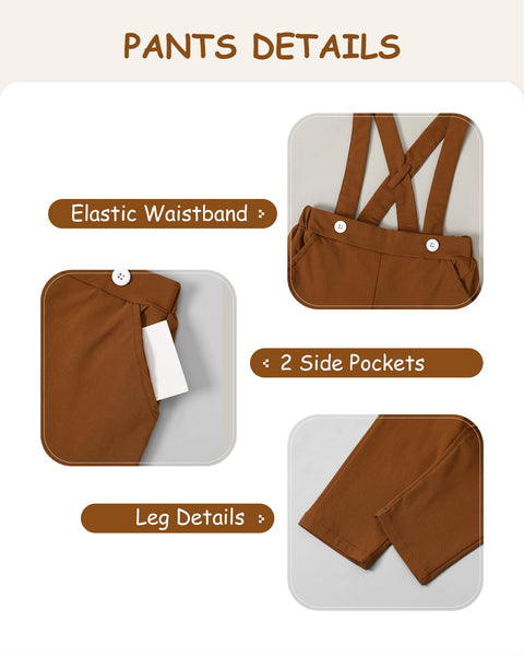 YALLET Toddler Baby Boy Clothes Polo Neck Long Sleeve Tops with Removable Bowtie + Overalls Fall Winter Outfits Set(3-4T, Apricot/Brown)