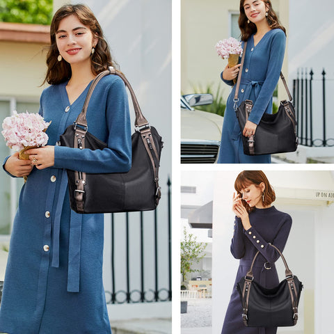 Over Earth Genuine Leather Handbags for Women Hobo Shoulder Bag Ladies Leather Tote Bag(O172E Black/Bronze) Over Earth