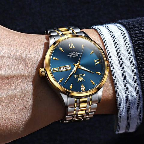 OLEVS Watches for Men Automatic Self Winding Two Tone Mechanical Stainless Steel Luxury Business Calendar Waterproof Luminous Wrist Watch Gold Blue OLEVS