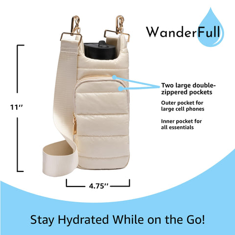WanderFull Original Crossbody HydroBag | Quilted Water Bottle Carrier | Puffer Tote Tumbler Holder with Pockets for Purse, Phone & Accessories | Carry Travel Essentials (Ivory Gloss) WanderFull